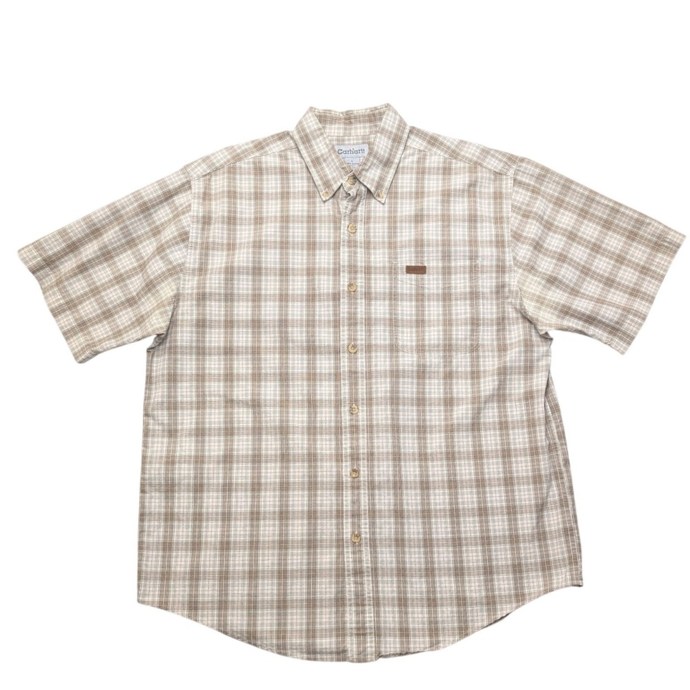 Y2K Carhartt Plaid Button Down Shirt Mens L Tan Short Sleeve Workwear S136MUS